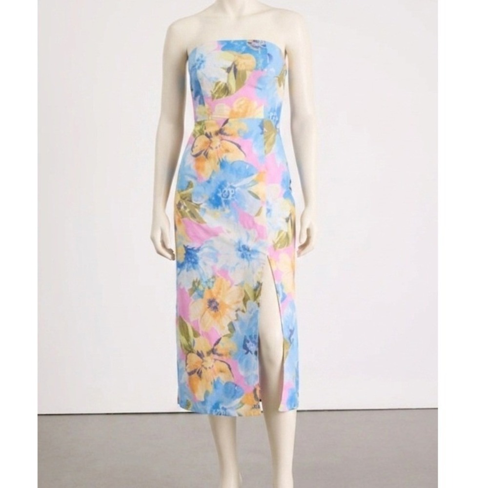 Lulus Strapless Floral Maxi Dress Pink Blue Smocked Back Cutout Slit S NWT
